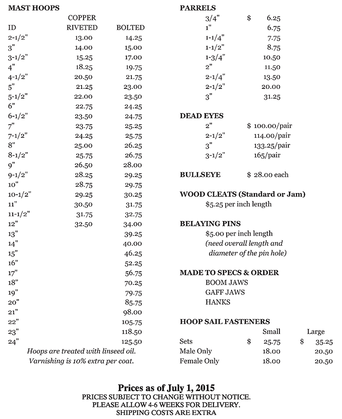 Mast Hoops and Wooden Hardware Prices from Pert Lowell Co., Inc.